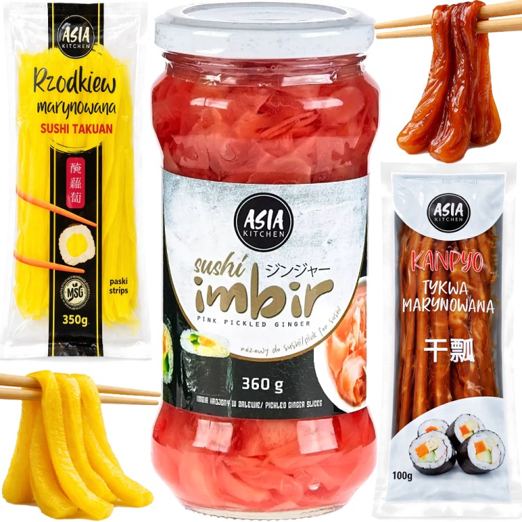 ZESTAW 3 DODATKI DO SUSHI Imbir Różowy 360g + Rzodkiew Oshinko 350g + Tykwa Kampyo 100g  ASIA KITCHEN
