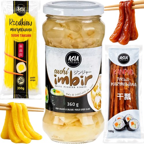ZESTAW 3 DODATKI DO SUSHI Imbir Biały 360g + Rzodkiew Oshinko 350g + Tykwa Kampyo 100g ASIA KITCHEN