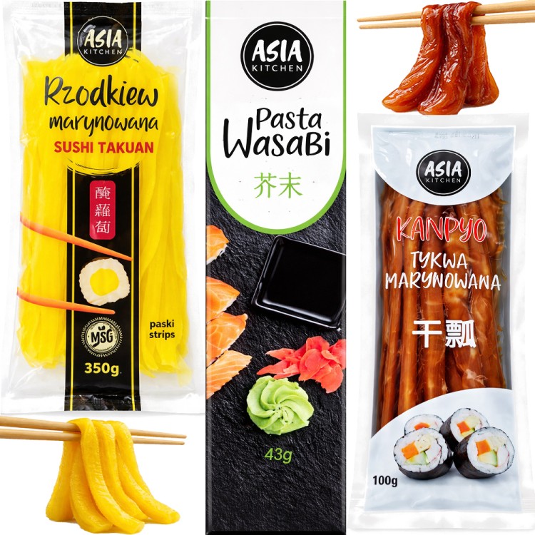 ZESTAW 3 DODATKI DO SUSHI Wasabi w Tubce 43g + Rzodkiew Oshinko 350g + Tykwa Kampyo 100g ASIA KITCHEN