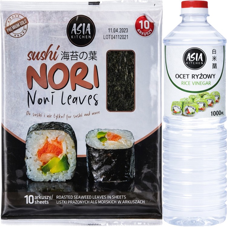 ZESTAW 2 DODATKI DO SUSHI Algi Nori 10 Sztuk + Ocet Ryżowy 1000ml ASIA KITCHEN