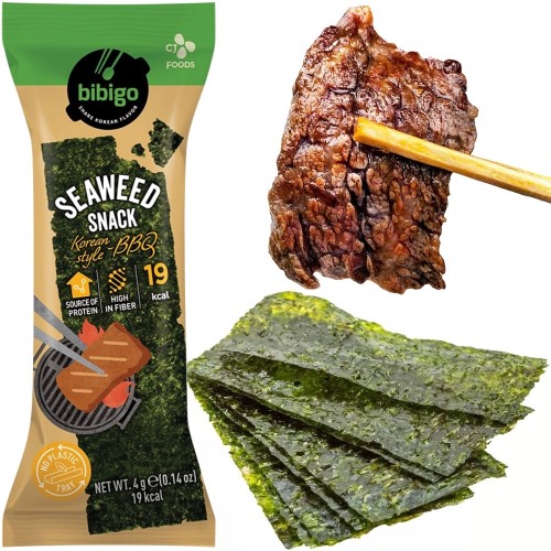 Koreańskie Nori Snacks Przekąska Chrupiące Wodorosty Prażone Barbecue BBQ 4g BIBIGO