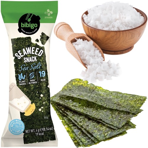 Koreańskie Nori Snacks Przekąska Chrupiące Wodorosty Prażone Sól Morska Sea Salt 4g BIBIGO