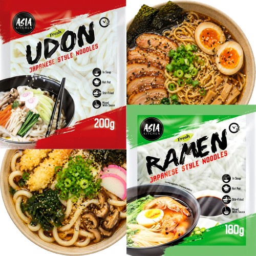 ZESTAW TOP 2 JAPOŃSKICH MAKARONÓW - Makaron Udon 200g + Makaron Ramen 180g ASIA KITCHEN