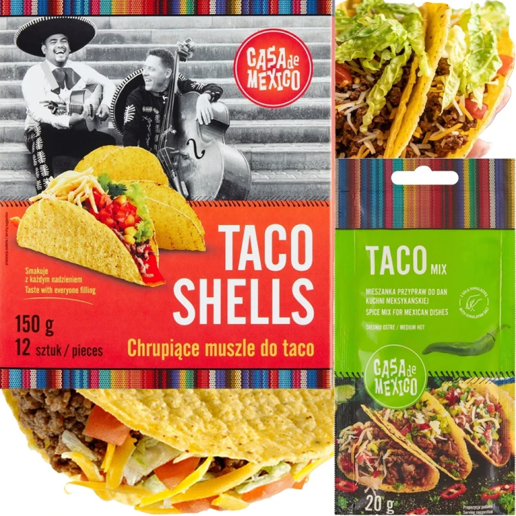 ZESTAW TACO Chrupiące Muszle Kukurydziane 12 Sztuk + Przyprawa TACO 20g CASA DE MEXICO