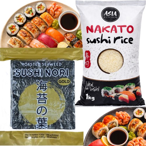 ZESTAW 2 PRODUKTY DO SUSHI Wodorosty Glony Algi Yaki Nori GOLD 50 Sztuk + Ryż Nakato 1kg ASIA KITCHEN
