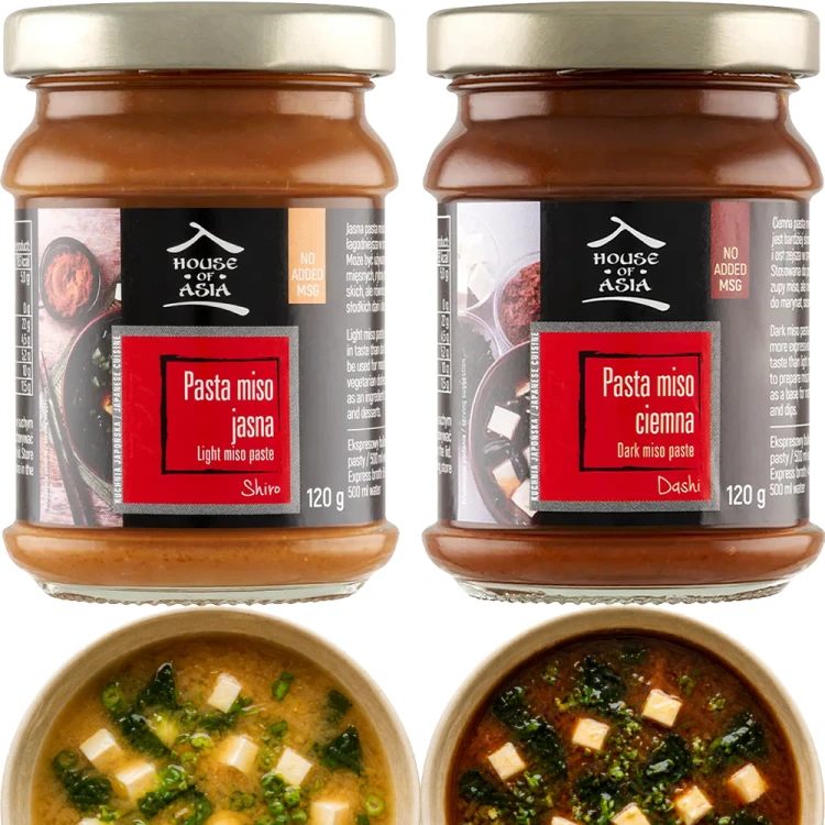 ZESTAW 2 RÓŻNE PASTY MISO Pasta Sojowa Do Zupy JASNA i CIEMNA 240g HOUSE OF ASIA