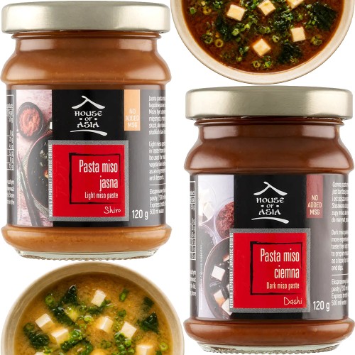 ZESTAW 2 RÓŻNE PASTY MISO Pasta Sojowa Do Zupy JASNA i CIEMNA 240g HOUSE OF ASIA
