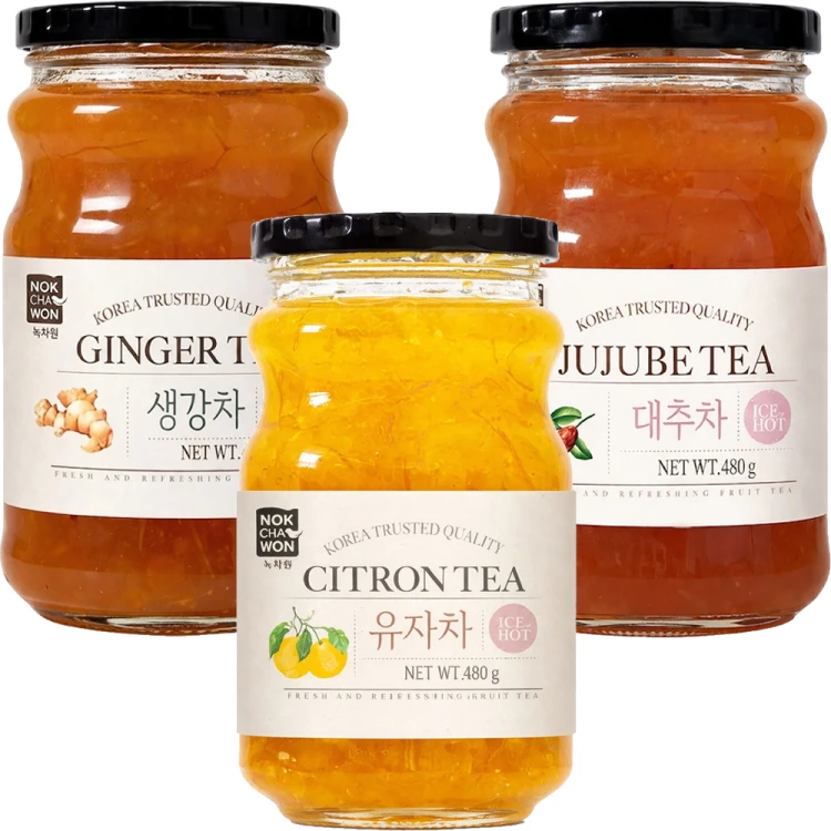 ZESTAW 3 KOREAŃSKIE HERBATY - Herbata Cytrynowa Yuzu + Imbirowa + Owoce Jujube 1440g NOKCHAWON