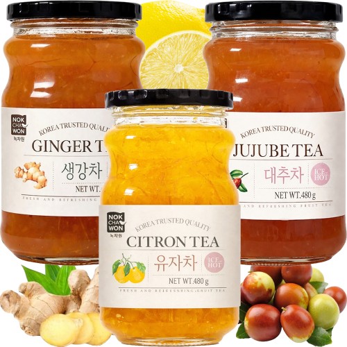 ZESTAW 3 KOREAŃSKIE HERBATY - Herbata Cytrynowa Yuzu + Imbirowa + Owoce Jujube 1440g NOKCHAWON