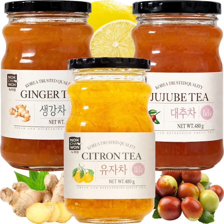 ZESTAW 3 KOREAŃSKIE HERBATY - Herbata Cytrynowa Yuzu + Imbirowa + Owoce Jujube 1440g NOKCHAWON