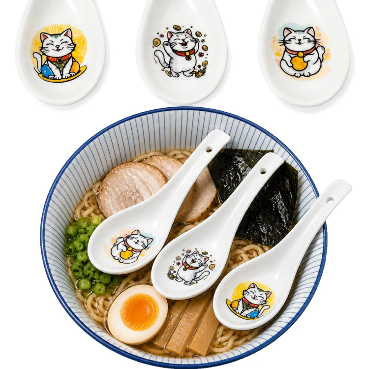 Łyżka Łyżeczka Porcelanowa Do Zupy i Ryżu Różne Wzory Kotek MANEKI NEKO 13,75cm EMRO AZIATICA