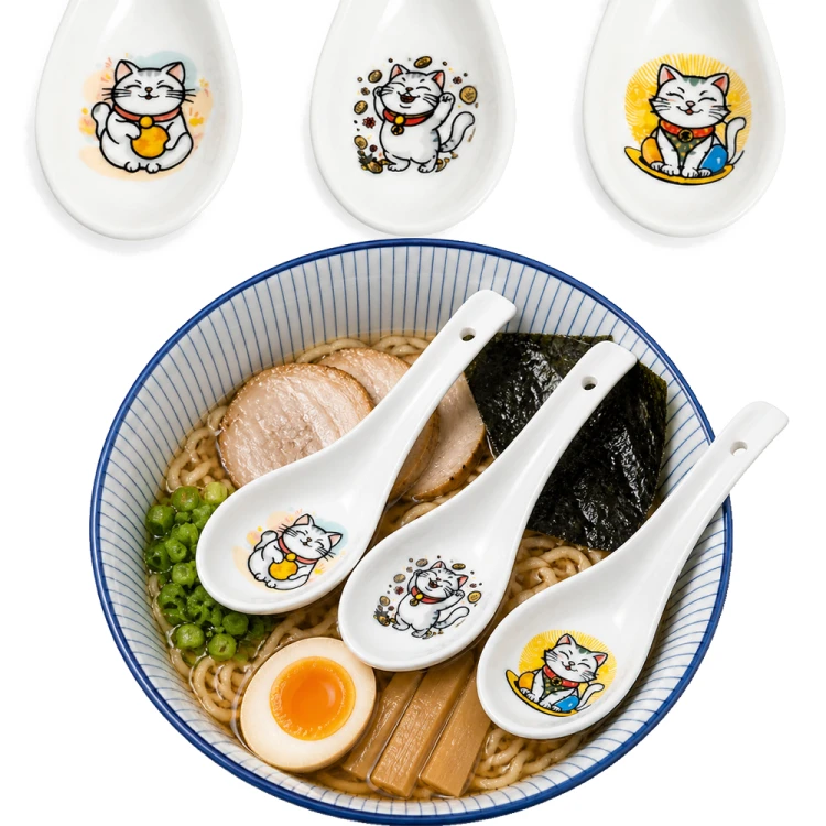 Łyżka Łyżeczka Porcelanowa Do Zupy i Ryżu Różne Wzory Kotek MANEKI NEKO 13,75cm EMRO AZIATICA