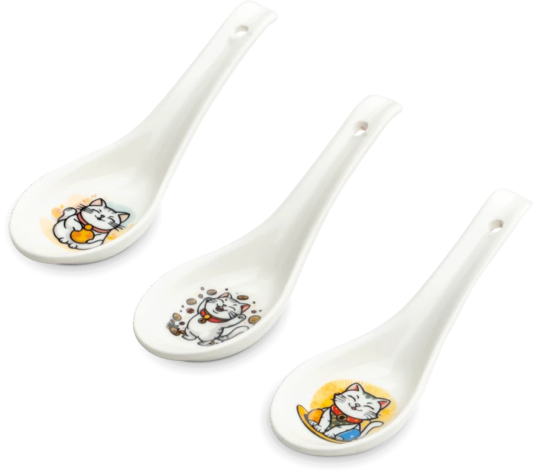 Łyżka Łyżeczka Porcelanowa Do Zupy i Ryżu Różne Wzory Kotek MANEKI NEKO 13,75cm EMRO AZIATICA