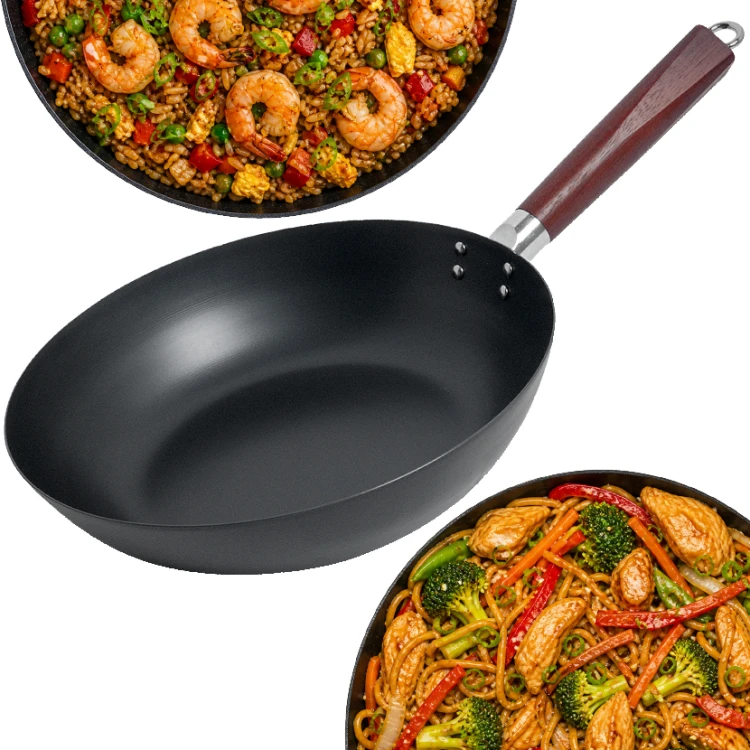 Patelnia Wok Ze Stali Węglowej z Płaskim Dnem 30cm Na Każdą Kuchenkę EMRO AZIATICA