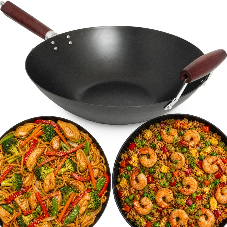 Patelnia Wok Ze Stali Węglowej z Płaskim Dnem 35cm z Uchwytem Na Każdą Kuchenkę EMRO AZIATICA