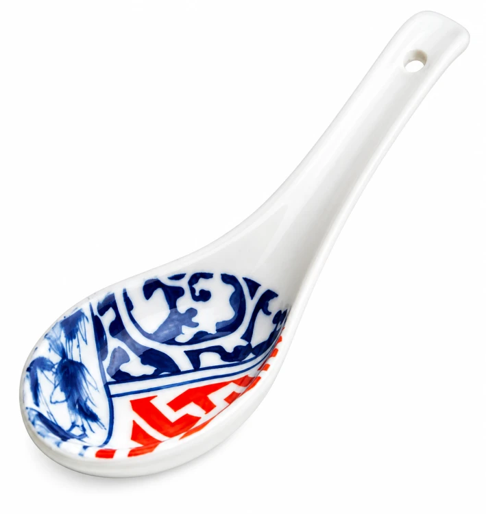 Orientalna Łyżka Łyżeczka Porcelanowa Do Zupy i Ryżu Niebiesko Czerwona BOTANICA 13,75cm EMRO AZIATICA