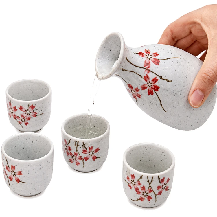 Jasny Ceramiczny Zestaw Komplet Do Podawania Sake SAKURA 5 Elementów GOLDEN TURTLE