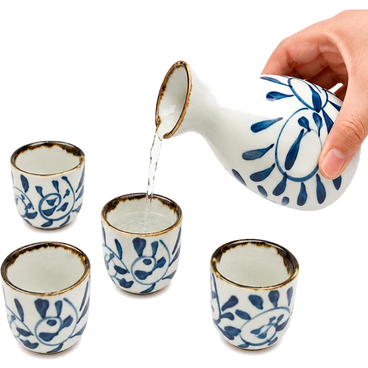 Biało Niebieski Ceramiczny Zestaw Komplet Do Podawania Sake 5 Elementów GOLDEN TURTLE