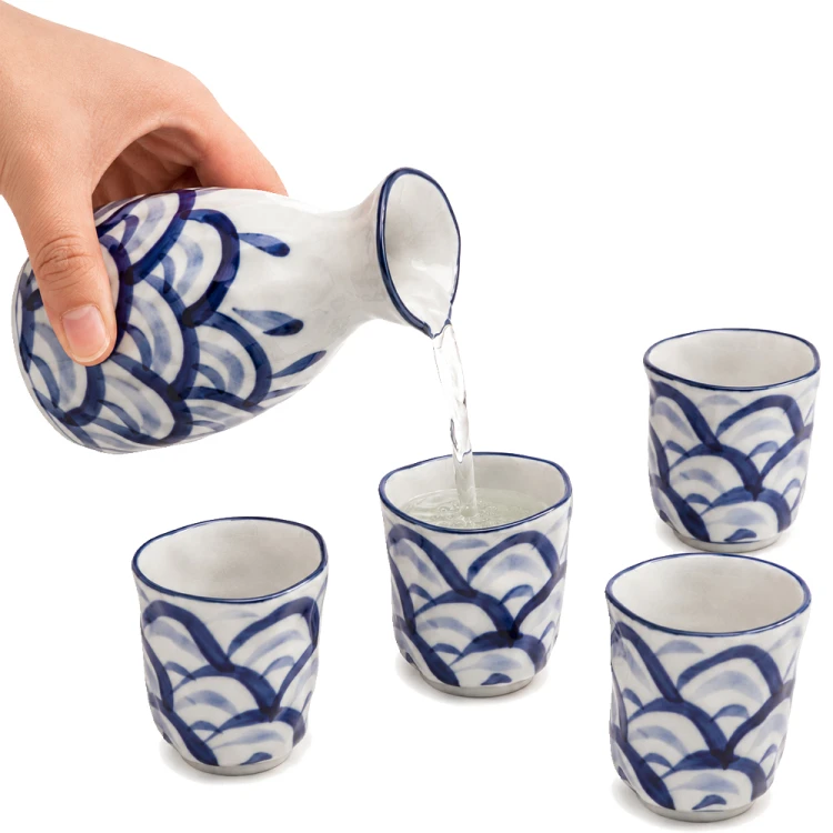 Ceramiczny Zestaw Komplet Do Podawania Sake Niebieskie Fale 5 Elementów GOLDEN TURTLE