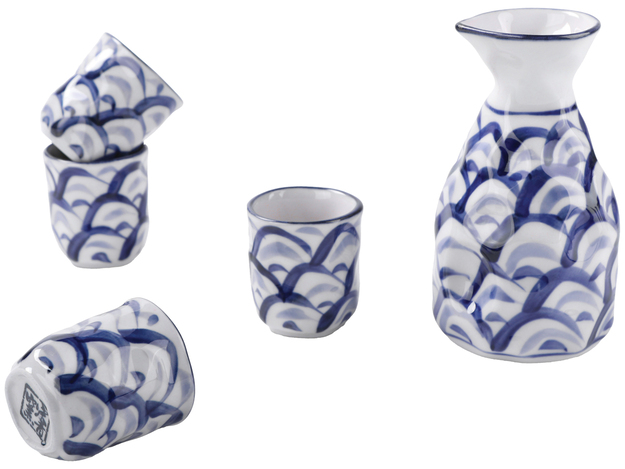 Ceramiczny Zestaw Komplet Do Podawania Sake Niebieskie Fale 5 Elementów GOLDEN TURTLE