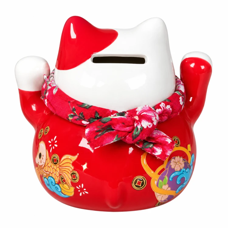 Porcelanowa Otwierana Skarbonka Duża Figurka Japoński Kot Szczęścia Maneki Neko z Wachlarzem 14cm JADE TEMPLE