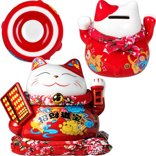 Porcelanowa Otwierana Skarbonka Duża Figurka Japoński Kot Szczęścia Maneki Neko z Liczydłem 14cm JADE TEMPLE