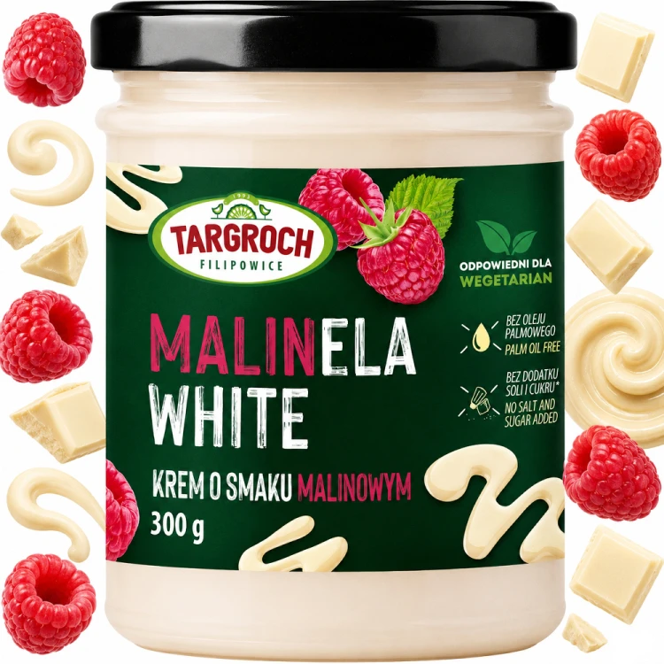 Pasta Krem MALINELA WHITE Smarowidło Masło o Smaku Malinowym Bez Cukru 300g TARGROCH