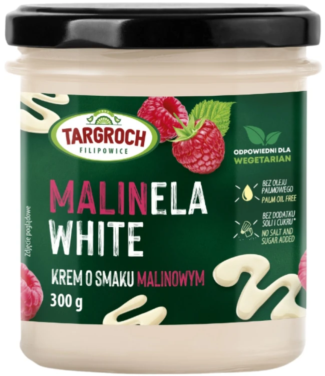 Pasta Krem MALINELA WHITE Smarowidło Masło o Smaku Malinowym Bez Cukru 300g TARGROCH