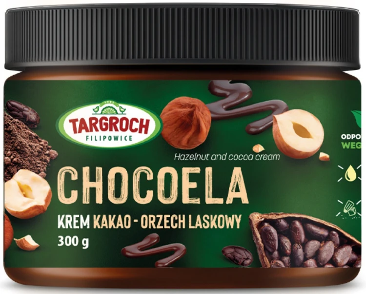 Pasta Krem CHOCOELA Smarowidło Masło z Orzechów Laskowych i Kakao Bez Cukru 300g TARGROCH