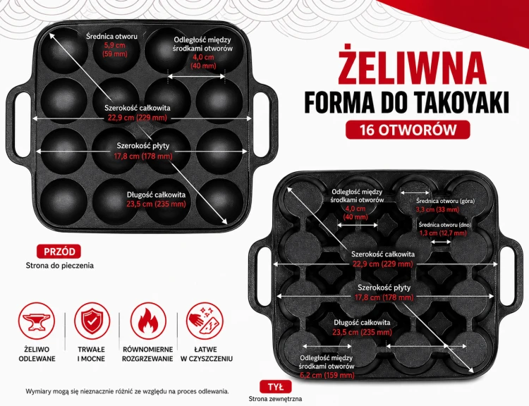 Żeliwna Patelnia Do Japońskich Kuleczek TAKOYAKI 16 Otworów 23cm x 18cm OTAFUKU