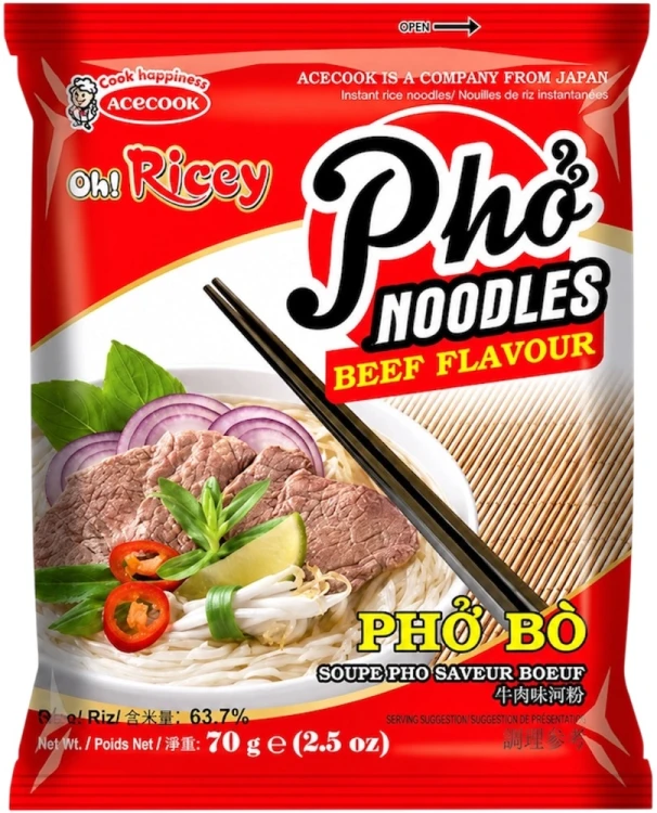Wietnamska Zupka Błyskawiczna Makaron Ryżowy Instant Wołowina Pho Bo Noodles Beef 70g ACECOOK