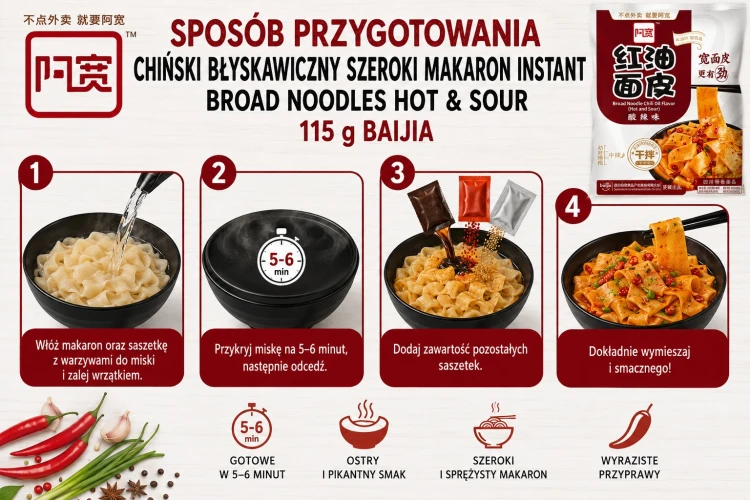 Chiński Błyskawiczny Szeroki Makaron Instant Broad Noodles Hot & Sour 115g BAIJIA