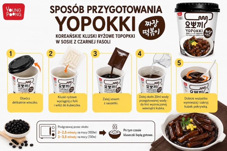 Koreańskie Kluski Ryżowe Topokki w Sosie z Czarnej Fasoli YOPOKKI 120g YOUNG POONG