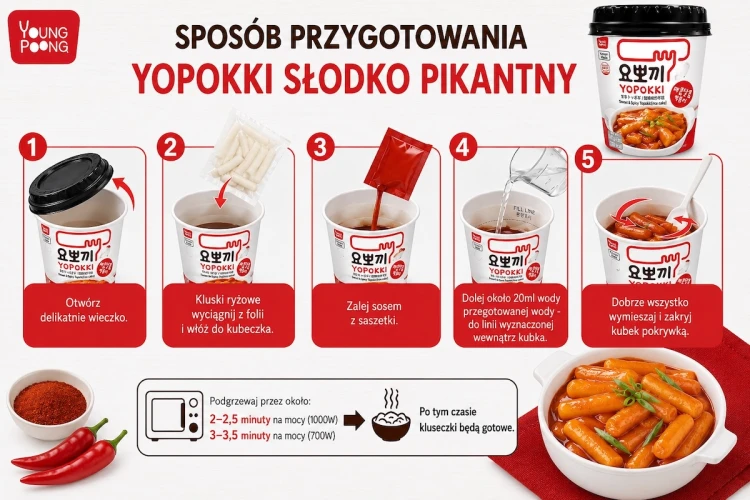 Koreańskie Kluski Ryżowe Topokki w Słodko Pikantnym Sosie YOPOKKI 140g YOUNG POONG
