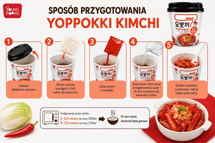 Koreańskie Kluski Ryżowe Topokki w Sosie KimChi YOPOKKI 115g YOUNG POONG
