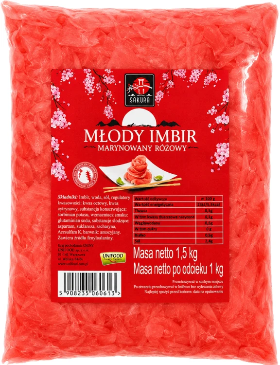 Imbir Marynowany Do Sushi RÓŻOWY Oczyszcza Kubki Smakowe 1,5kg 1500g SAKURA