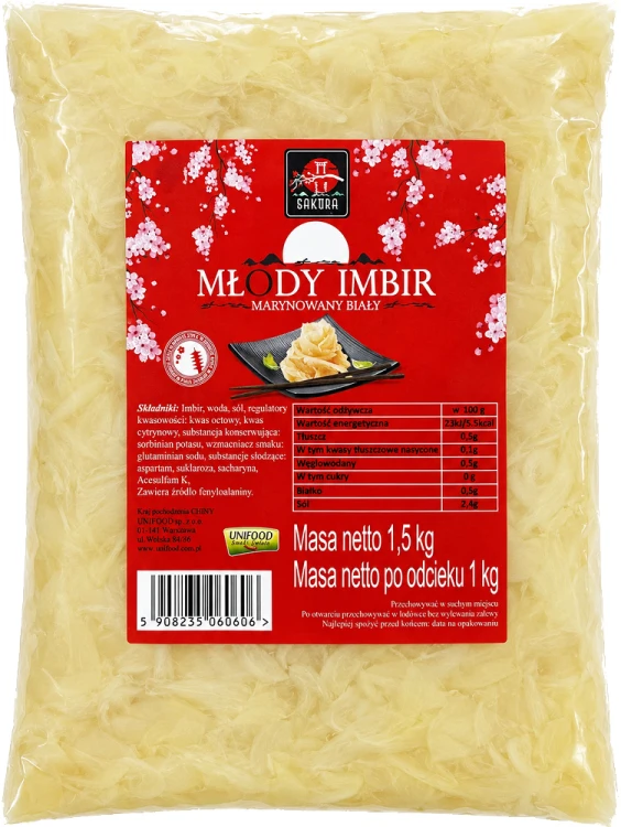 Imbir Marynowany Do Sushi BIAŁY Oczyszcza Kubki Smakowe 1,5kg 1500g SAKURA