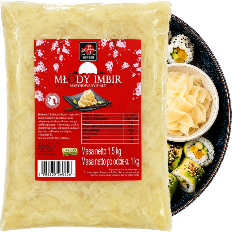 Imbir Marynowany Do Sushi BIAŁY Oczyszcza Kubki Smakowe 1,5kg 1500g SAKURA