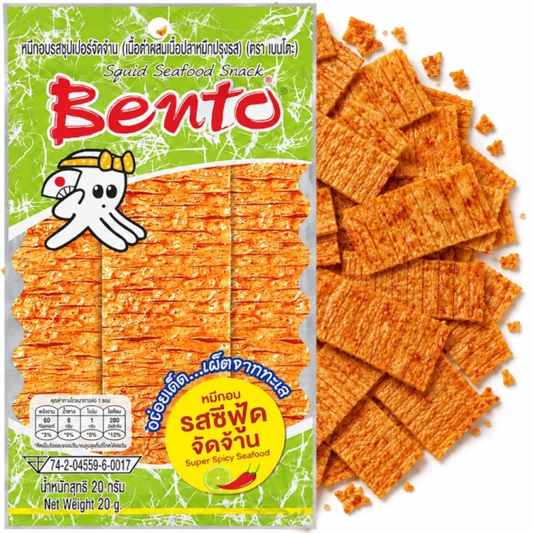 Tajska Przekąska Kałamarnica Smak Ostrych Owoców Morza Squid Snack Super Spicy Seafood 20g BENTO