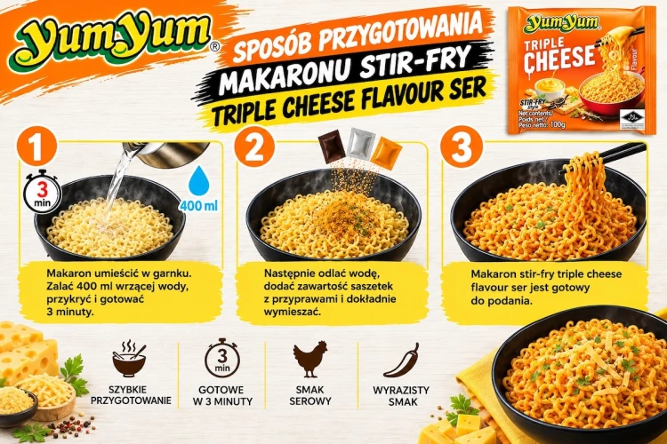 Tajski Błyskawiczny Makaron Instant Stir-Fry Triple Cheese Flavour Ser 100g YUM YUM