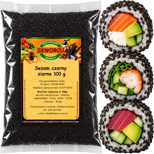 Sezam Czarny Do Sushi i Sałatek Ziarna Prażonego Sezamu Orzechowy Smak 100g SKWORCU