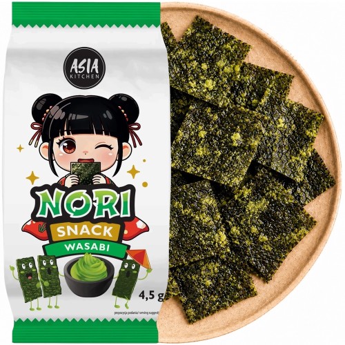 Koreańskie Nori Snack Przekąska Chrupiące Wodorosty Prażone WASABI 4,5g ASIA KITCHEN