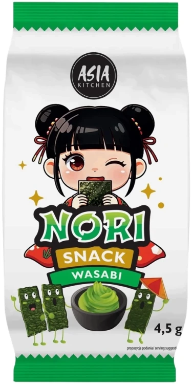 Koreańskie Nori Snack Przekąska Chrupiące Wodorosty Prażone WASABI 4,5g ASIA KITCHEN