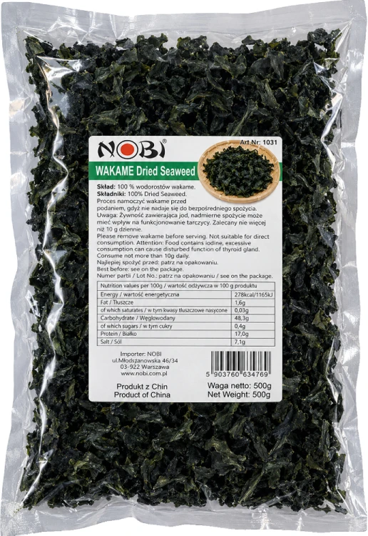 Wodorosty Glony Algi Morskie WAKAME Cięte Nitki Do Zupy MISO i Sałatek 500g NOBI