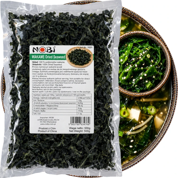 Wodorosty Glony Algi Morskie WAKAME Cięte Nitki Do Zupy MISO i Sałatek 500g NOBI