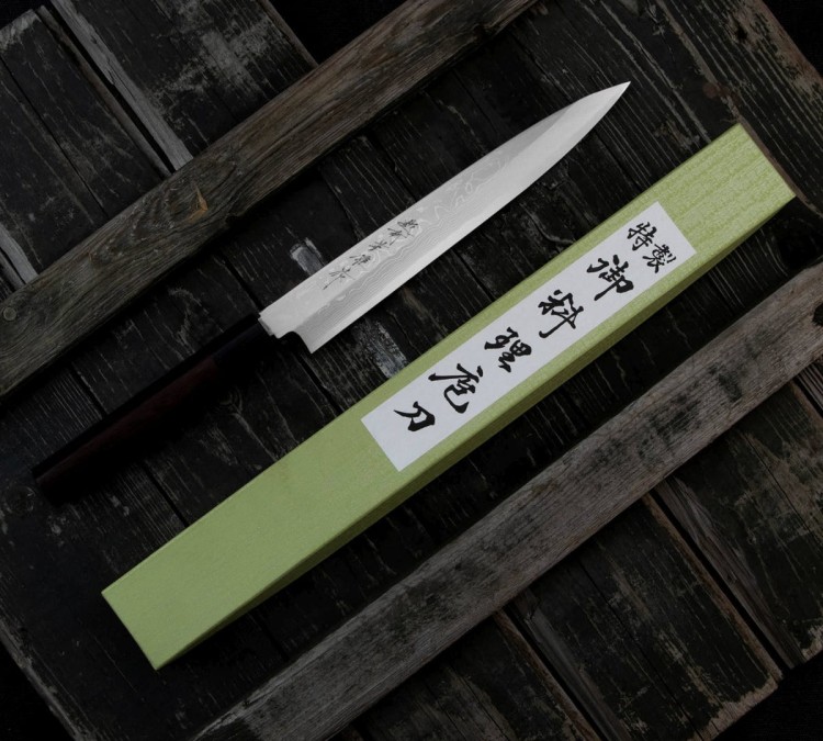 Hideo Kitaoka Shirogami Satin Damascus Japoński Nóż Yanagi Sashimi Do Sushi 21cm