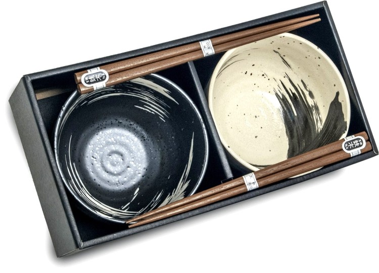 Zestaw Orientalnych Misek 13cm z Pałeczkami Czarno Białe Do Zupy EDO JAPAN