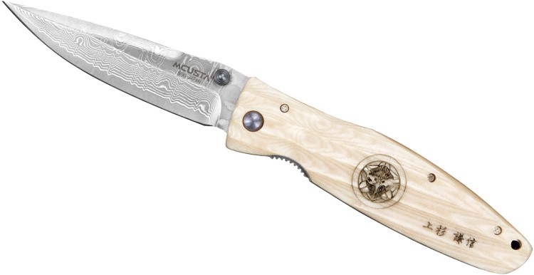Mcusta Sengoku White Micarta Damascus Japoński Nóż Składany 8,6cm